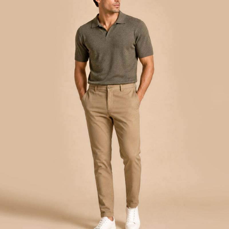 Kit Polo Tricot Verde e Calça Chino Premium Cáqui
