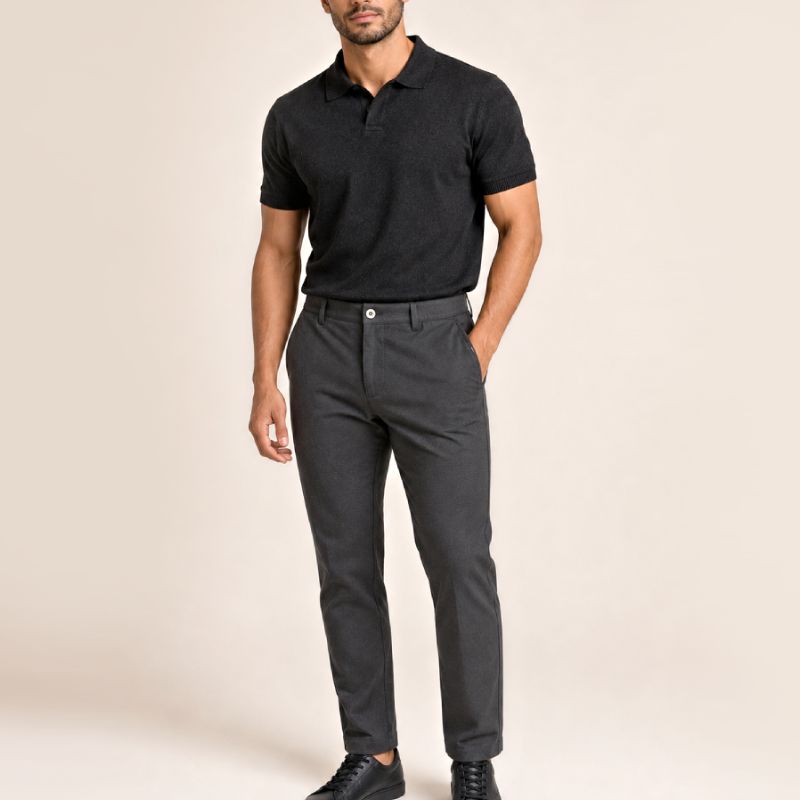 Kit Polo Tricot Preta e Calça Chino Premium Chumbo