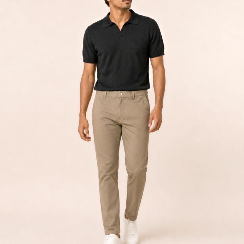 Kit Polo Tricot Preta + Calça Chino Premium Cáqui