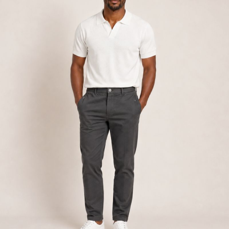 Kit Polo Tricot Branca + Calça Chino Premium Chumbo