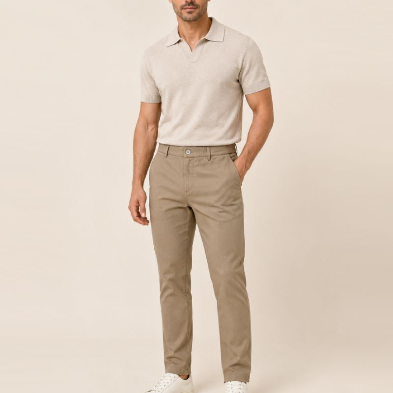 Kit Polo Tricot Bege + Calça Chino Premium Cáqui