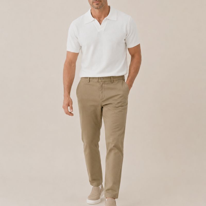 Kit Polo Tricot Branca + Calça Chino Premium Cáqui