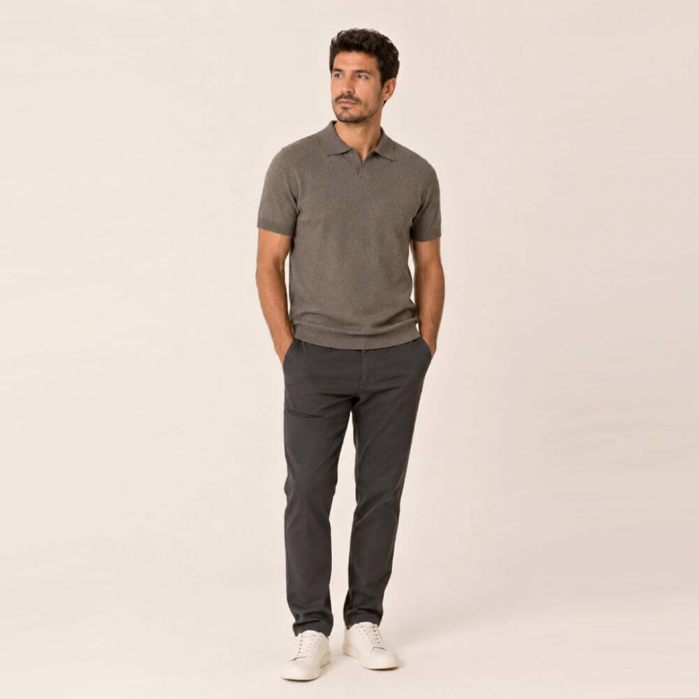 Kit Polo Tricot Verde Escuro + Calça Chino Premium Chumbo