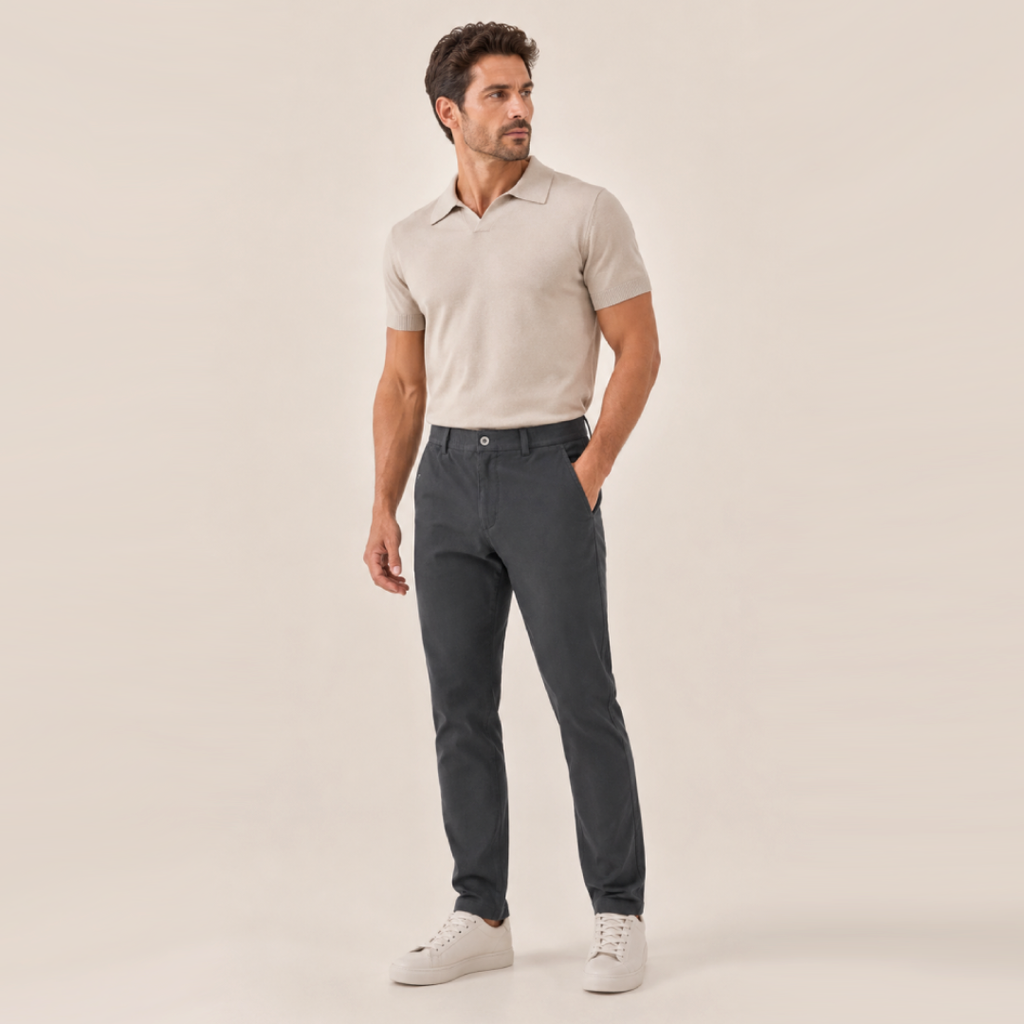 Kit Polo Tricot Bege + Calça Chino Premium Chumbo