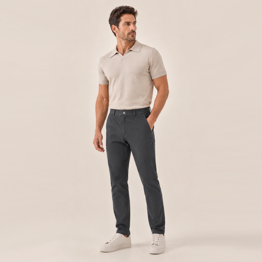Kit Polo Tricot Bege + Calça Chino Premium Chumbo