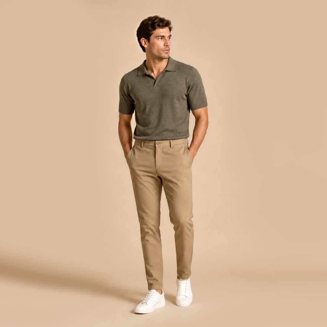 Kit Polo Tricot Verde e Calça Chino Premium Cáqui