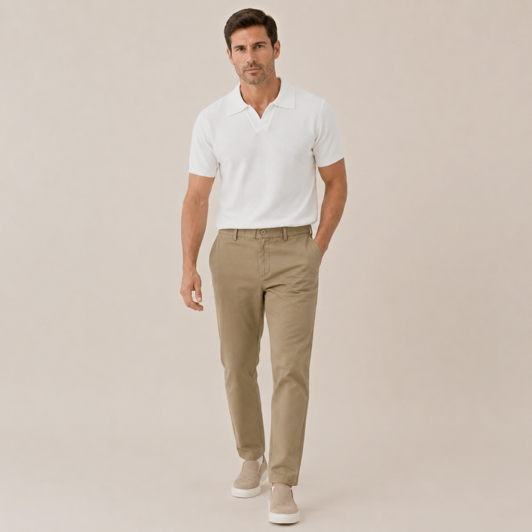 Kit Polo Tricot Branca + Calça Chino Premium Cáqui