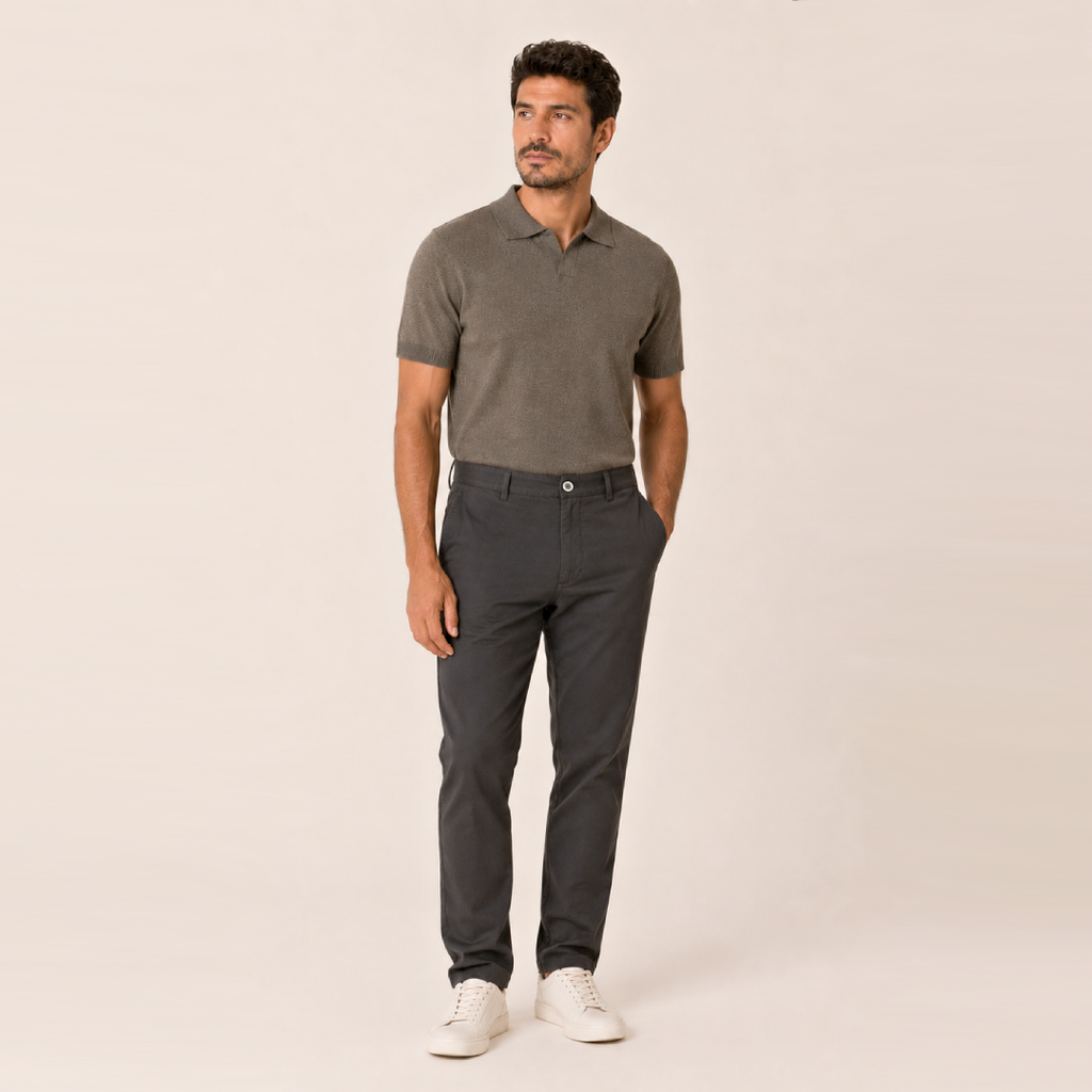 Kit Polo Tricot Verde Escuro + Calça Chino Premium Chumbo