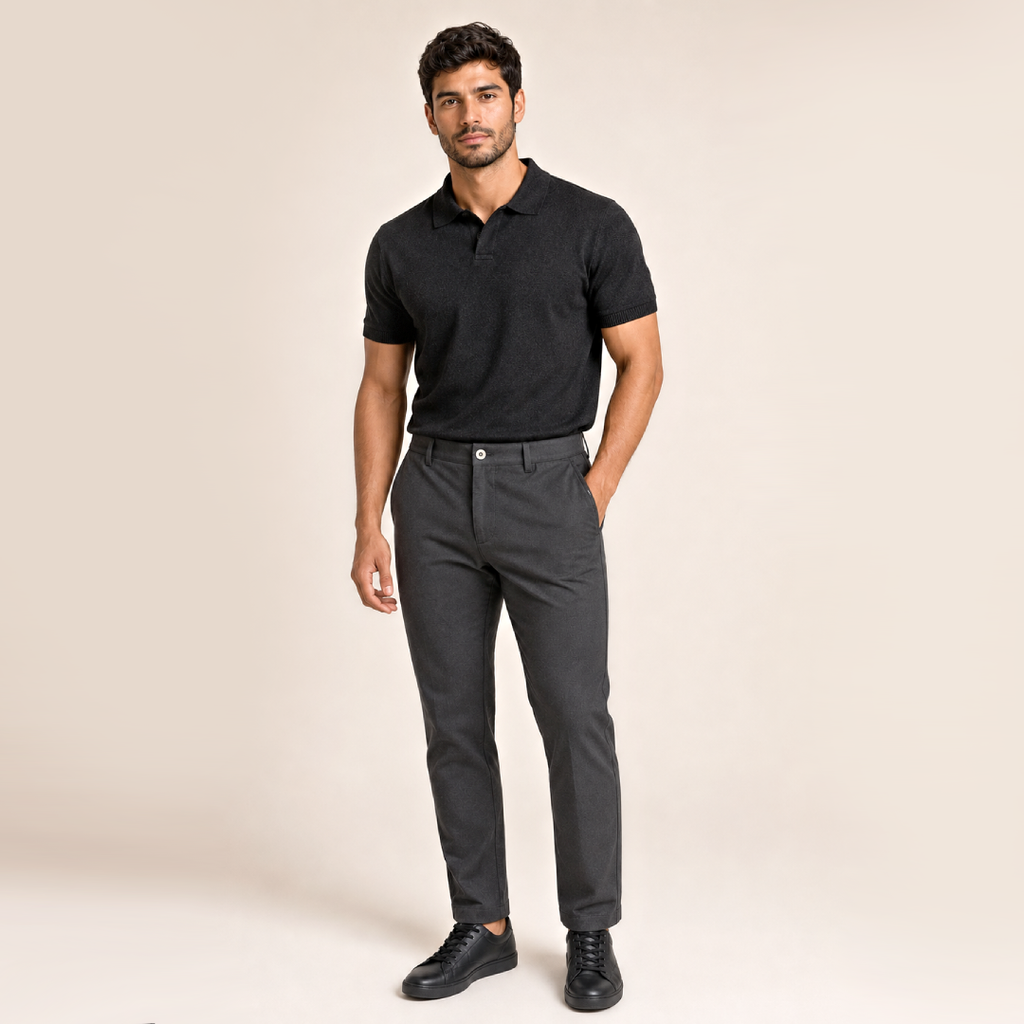 Kit Polo Tricot Preta e Calça Chino Premium Chumbo
