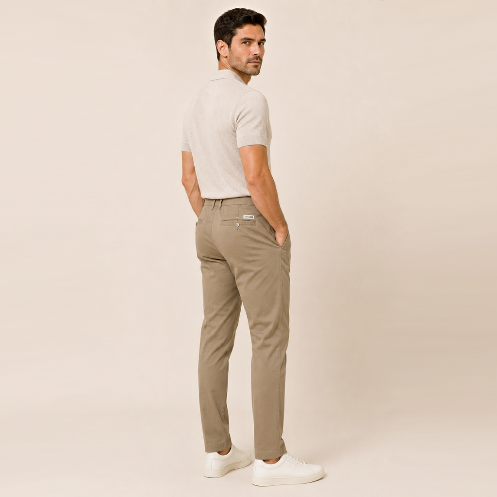 Kit Polo Tricot Bege + Calça Chino Premium Cáqui