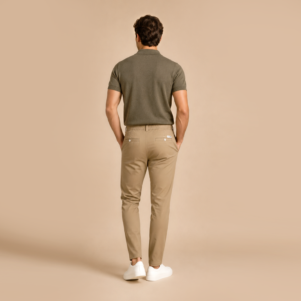Kit Polo Tricot Verde e Calça Chino Premium Cáqui