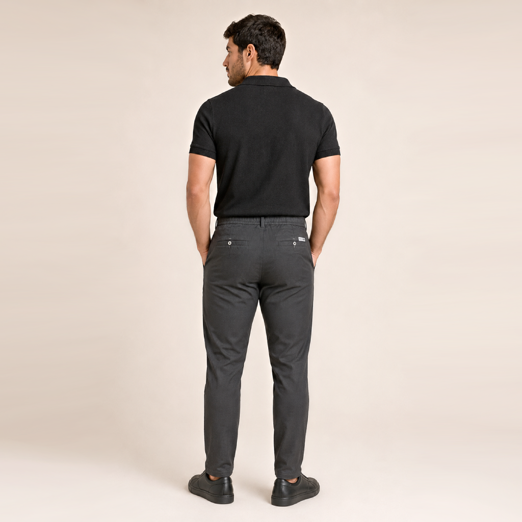 Kit Polo Tricot Preta e Calça Chino Premium Chumbo