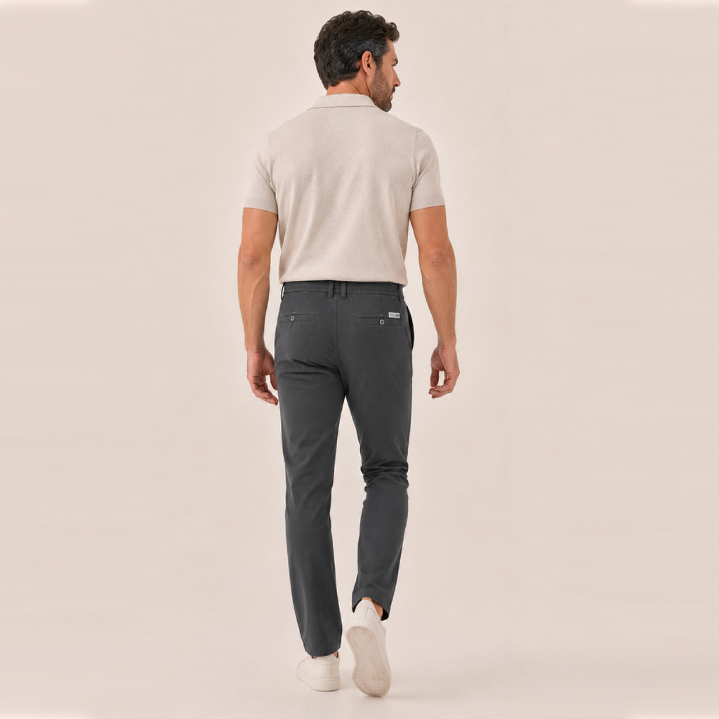 Kit Polo Tricot Bege + Calça Chino Premium Chumbo