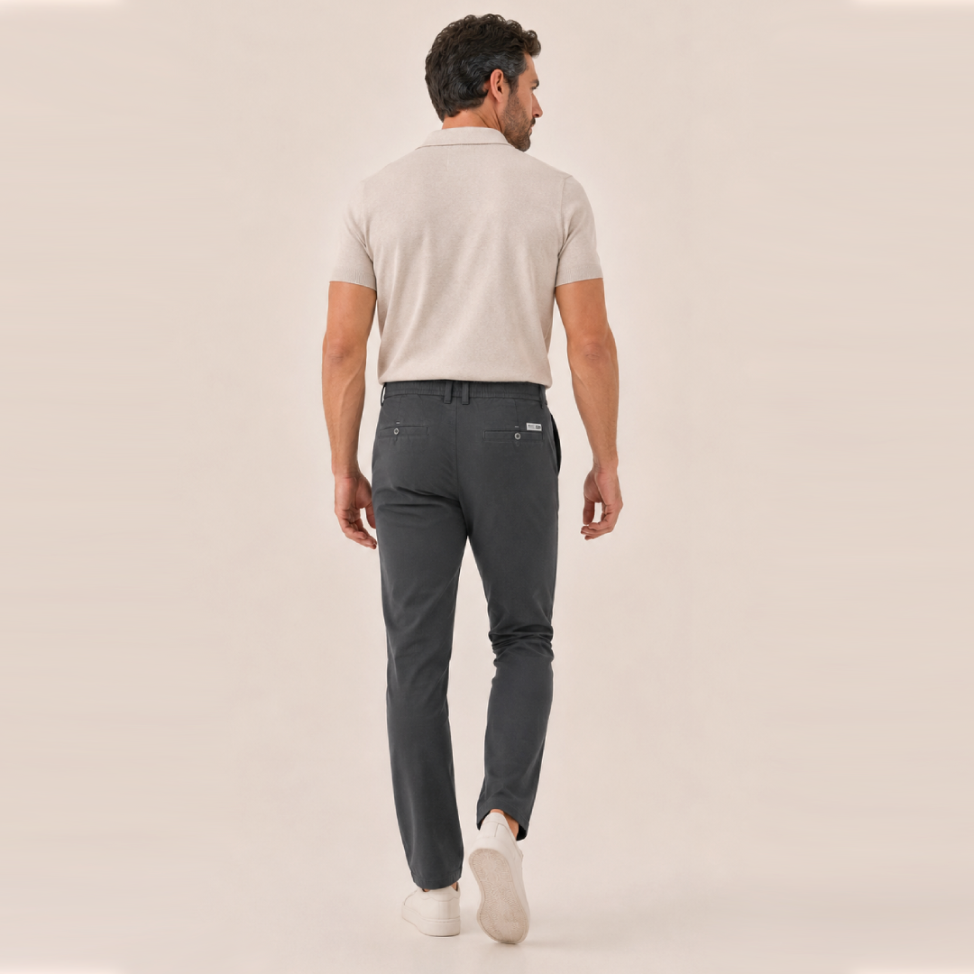 Kit Polo Tricot Bege + Calça Chino Premium Chumbo