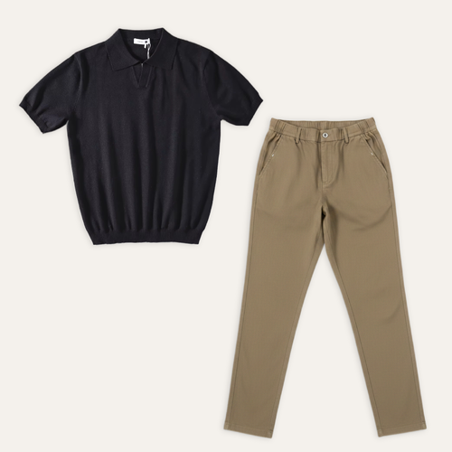 Kit Polo Tricot Preta + Chino Premium Cáqui