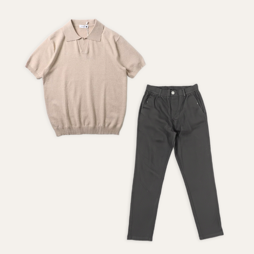 Kit Polo Tricot Bege + Calça Chino Premium Chumbo