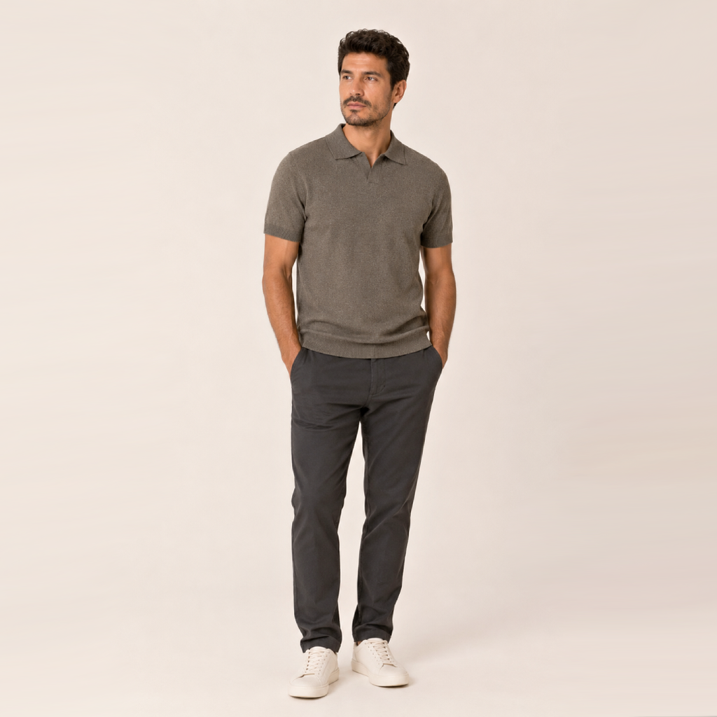 Kit Polo Tricot Verde Escuro + Calça Chino Premium Chumbo