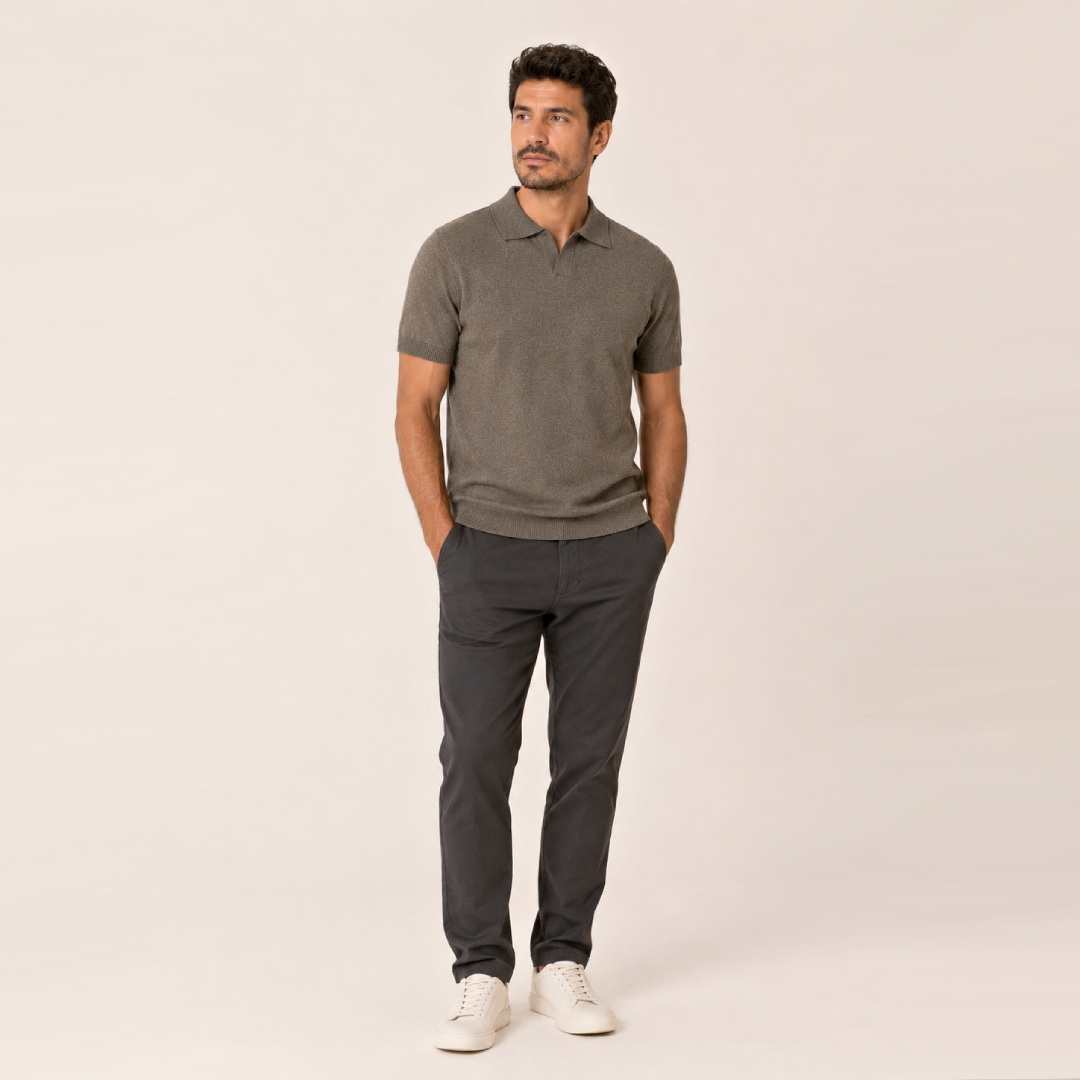 Kit Polo Tricot Verde Escuro + Calça Chino Premium Chumbo