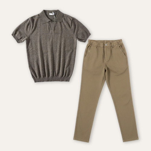Kit Polo Tricot Verde e Calça Chino Premium Cáqui