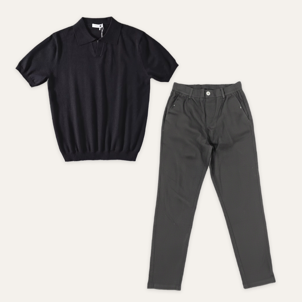 Kit Polo Tricot Preta e Calça Chino Premium Chumbo