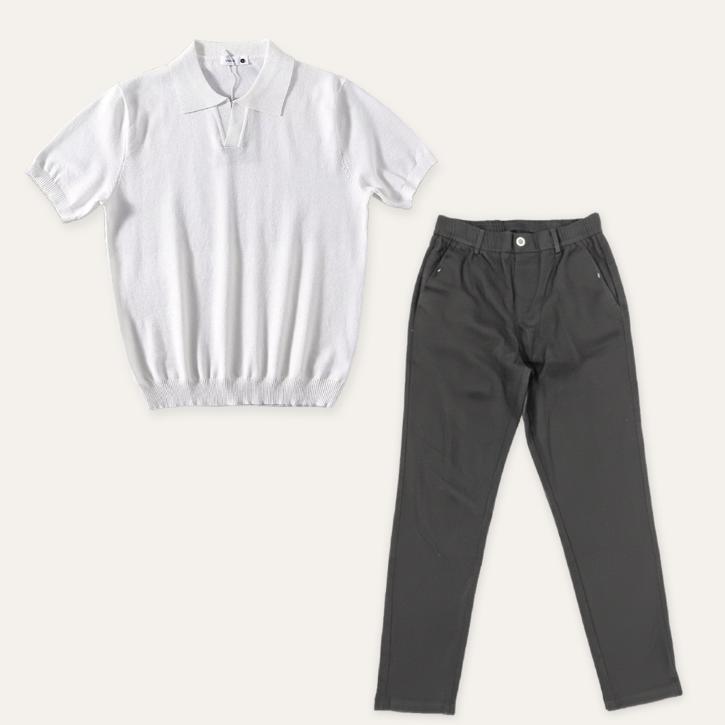 Kit Polo Tricot Branca + Chino Premium Chumbo