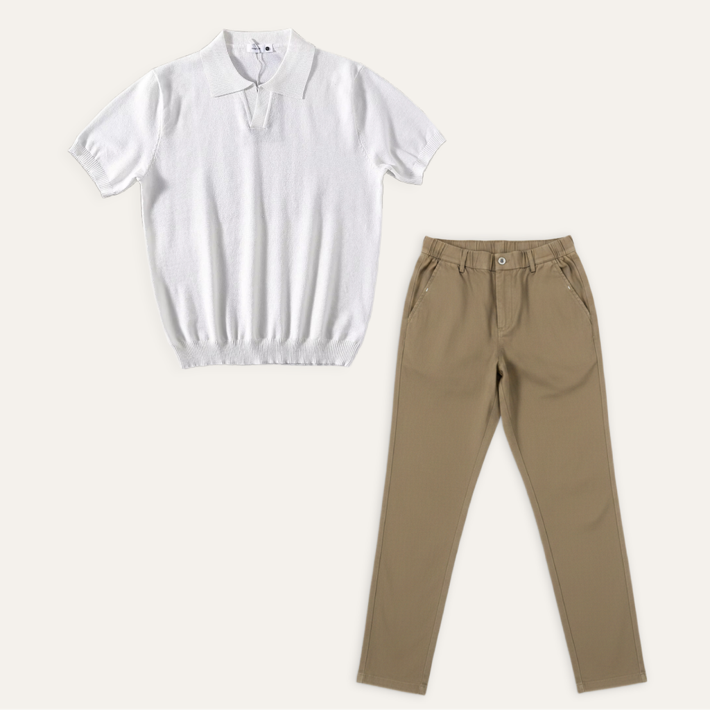 Kit Polo Tricot Branca + Calça Chino Premium Cáqui