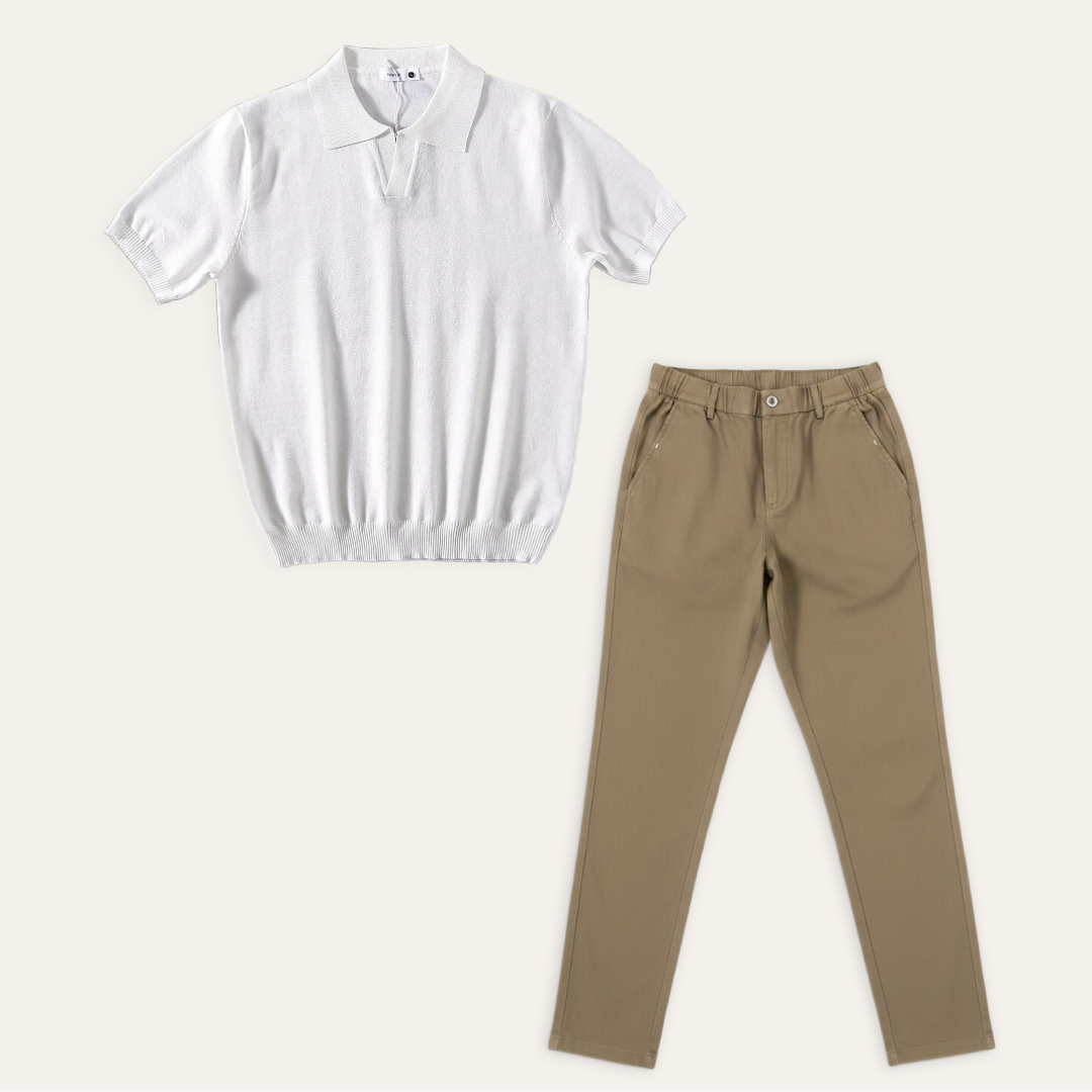 Kit Polo Tricot Branca + Calça Chino Premium Cáqui