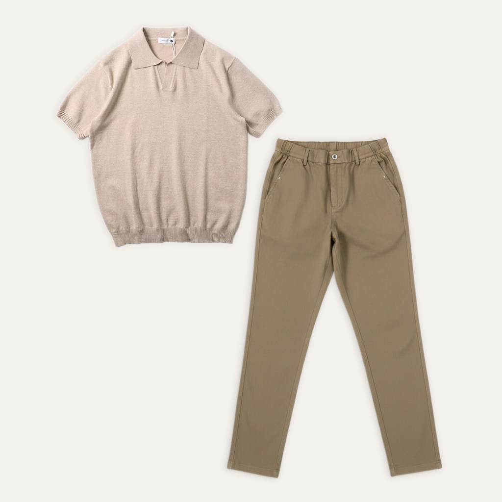 Kit Polo Tricot Bege + Calça Chino Premium Cáqui