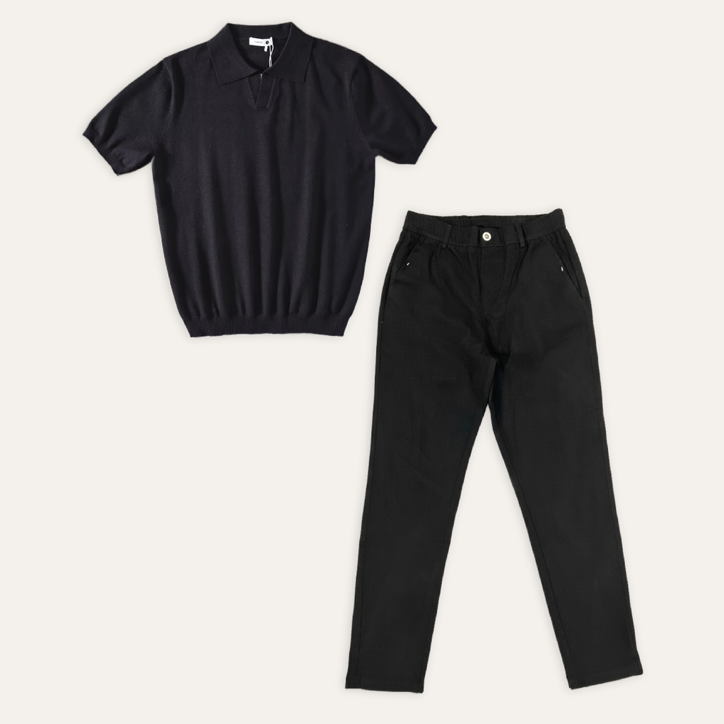 Kit Polo Tricot Preta + Calça Chino Premium Preta
